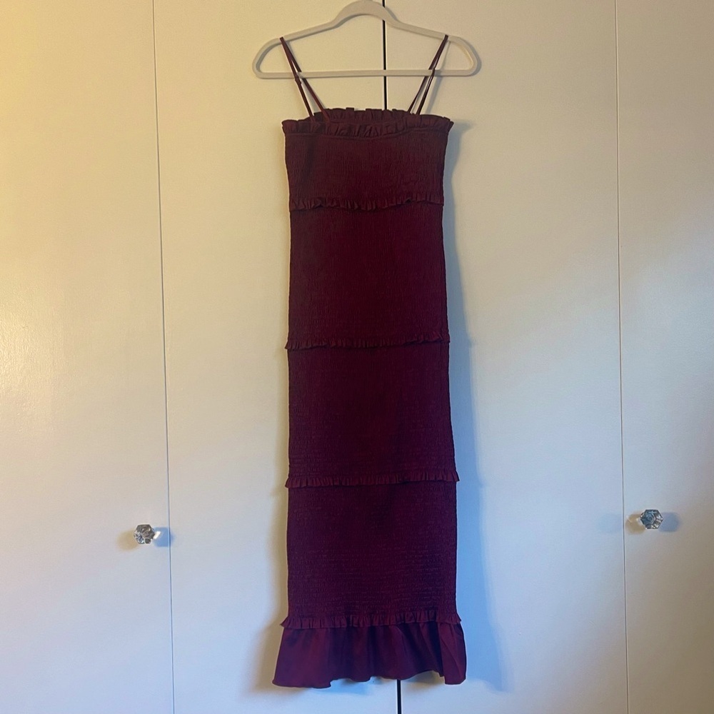 MABLE Satin Smocked Fitted Ruffled Midi Dress- Wine Color - Picture 5 of 10